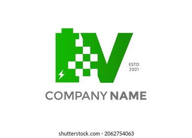 Modern, Bold and Strong illustration logo design initial V battery charge data.