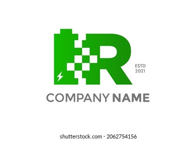 Modern, Bold and Strong illustration logo design initial R battery charge data.