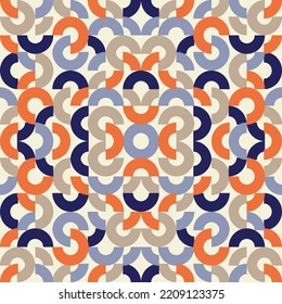 Modern bold symmetrical pattern of circles and semicircles in blue and orange. Vector seamless pattern design for textile, fashion, paper, packaging, wrapping and branding