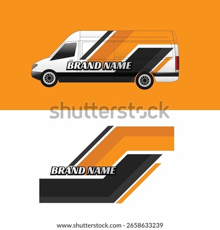 Modern and bold van livery decal design featuring dynamic geometric stripes in black, orange, and white. Perfect for branding