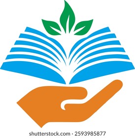 A modern book and hand logo featuring a leaf, representing learning, wisdom, and eco-friendly education. Ideal for schools, libraries, and publishers