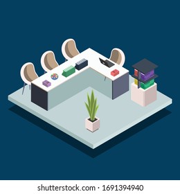 Modern book library room isometric color vector illustration. University computer classroom. Meeting room, office desks with laptops. Public library interior 3d concept isolated on blue background