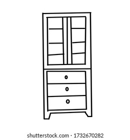 La moderna biblioteca, hecha al estilo de Doodle. Colección de armarios aislados en un fondo blanco. Mobiliario y elementos decorativos para interiores.Ilustración vectorial dibujada a mano.