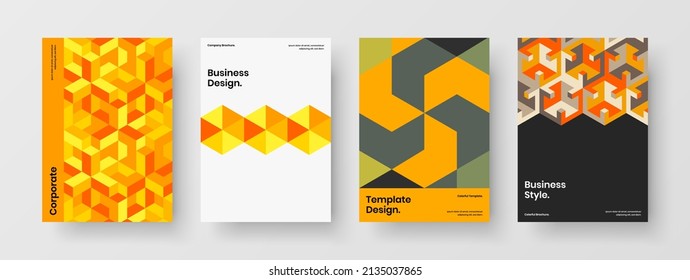 Modern booklet A4 vector design layout composition. Colorful mosaic hexagons leaflet illustration set.