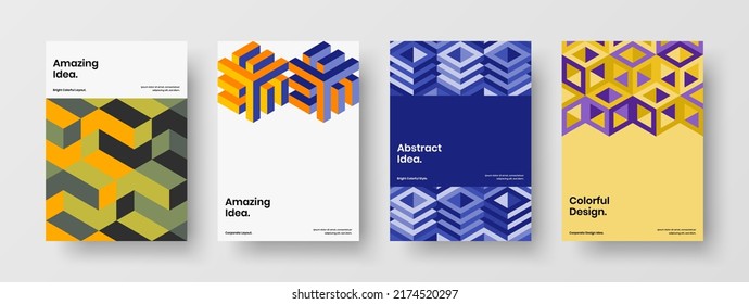 Modern booklet vector design layout bundle. Colorful geometric hexagons front page concept composition.