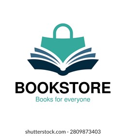 Modern bookstore logo featuring an open book combined with a shopping bag, symbolizing book retail, online book shopping, education, and reading. Ideal for bookstores, online bookshops, publishers, libraries, educational platforms, literacy programs, and eCommerce book brands.
