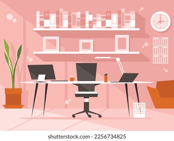 Modern boss workplace. Interior of a large bright office with a table, office chair, PC and laptop. Vector graphics