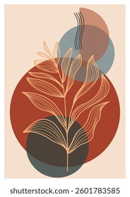 Modern botanical artwork featuring abstract geometric shapes and delicate line art of a plant