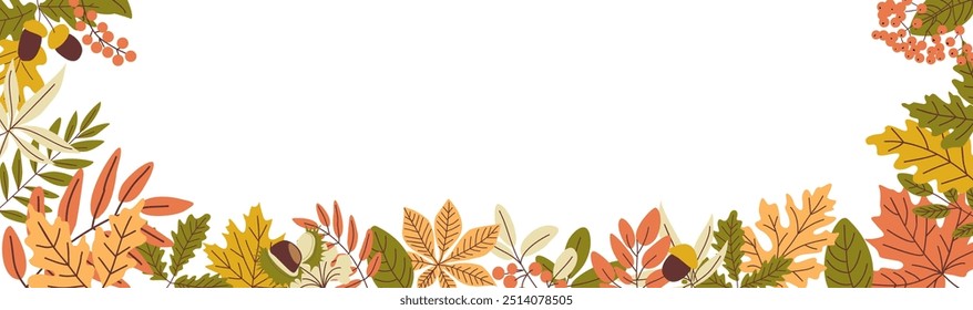 Hojas botánicas modernas de otoño, borde, marco. Diseño de Anuncio floral con adorno abstracto de hojas de colores. Hierbas multicolores, fondo de plantas. Ilustración vectorial plana aislada sobre fondo blanco.