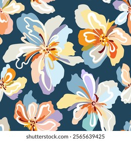 modern botanical background of abstract flowers. Seamless handmade summer floral background. Sketchy pattern of white outlines, bright multi-colored petals on a dark blue background.