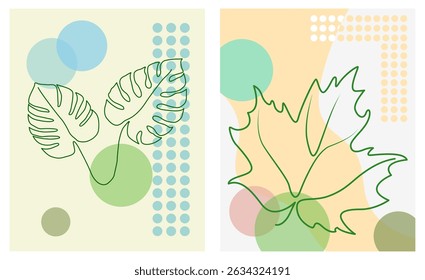 Modern botanical background featuring abstract leaves with a single line combined with colorful geometric shapes. Wall decor, posters, greeting cards etc.