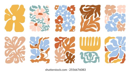 Modern botanical compositions. Flower contemporary elements. Abstract Boho plants. Matisse style flora. Groovy organic shapes. Leaves and corals. Algae creative print