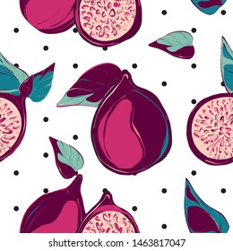 Modern botanical fig fruit surface design. Floral  figs Pattern in vector. Tender pomegranate blue green red flowers with polka dot background. Nature botany textile art