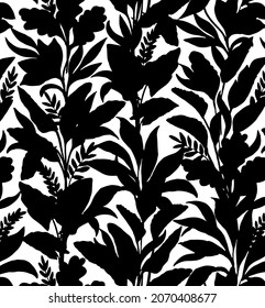 Modern botanical floral silhouette print repeat pattern background wallpaper, hand drawing elements.