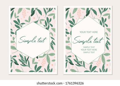 Modern botanical invitation card template with red flowers and leaves.Cards with space for text. 