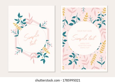 Modern botanical invitation card template with flowers and leaves.Cards with space for text. 