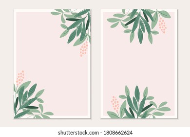 Modern botanical invitation card template with flowers and leaves.Cards with space for text. 