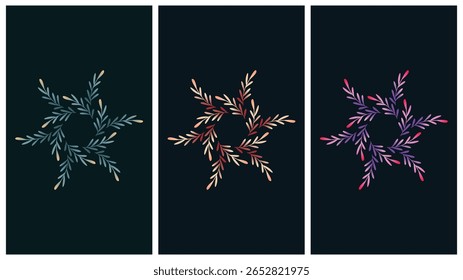 Modern botanical leaf set vector illustration. Elegant abstract foliage art in brown, green, and orange on dark backgrounds. Perfect for wall art, posters, home decor, prints, and stylish design.