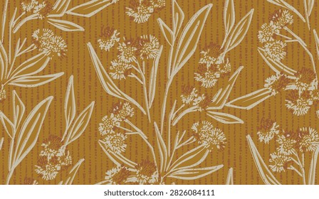 Modern botanical meadow flower pattern. Daisy bloom lawn brown tan design. Sunburst flower stem neutral print. African tribals ethic bohemian farmhouse cottagecore motif
