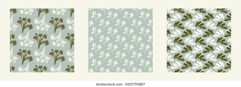 Modern botanical minimal wildflower vector pattern collection. Summer gender neutral pressed flower silhouette background. Simple nature floral paper cut out wallpaper wedding, hedgerow decor repeat.
