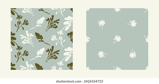 Modern botanical minimal wildflower vector pattern set. Summer gender neutral pressed flower silhouette background. Simple nature floral paper cut out wallpaper for wedding, hedgerow decor repeat.