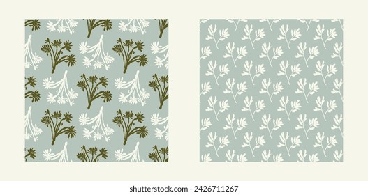 Modern botanical minimal wildflower vector pattern set. Summer gender neutral pressed flower silhouette background. Simple nature floral paper cut out wallpaper for wedding, hedgerow decor repeat.