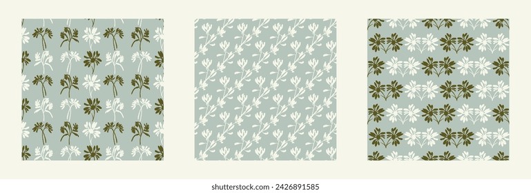 Modern botanical minimal wildflower vector pattern collection. Summer gender neutral pressed flower silhouette background. Simple nature floral paper cut out wallpaper wedding, hedgerow decor repeat.