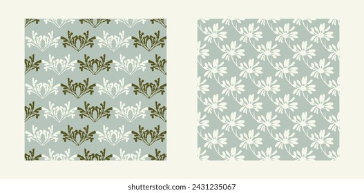 Modern botanical minimal wildflower vector pattern set. Summer gender neutral pressed flower silhouette background. Simple nature floral paper cut out wallpaper for wedding, hedgerow decor repeat.