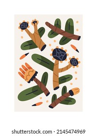 Modern botanical poster with naive distorted floral plants. Contemporary wall art with abstract-shaped flowers. Trendy creative picture, interior decoration. Colored flat graphic vector illustration