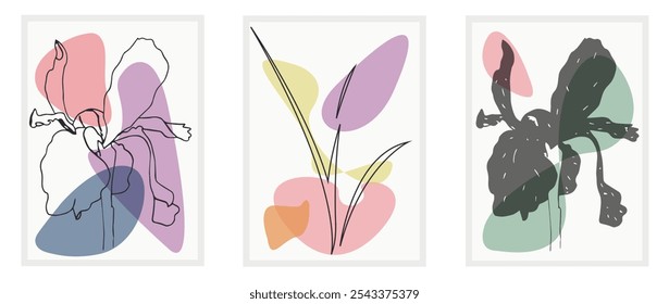 Modern botanical poster set. Art drawings with simple shapes and iris flowers. Abstract plant designs for print, card, cover, brochure, wall decor. Contemporary artworks in trendy colors.