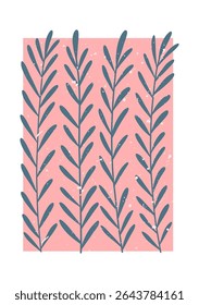 impressão botânica moderna com ramos folhosos desenhados à mão e fundo rosa texturizado para mínima arte de parede, decoração escandinava, berçário ou design digital