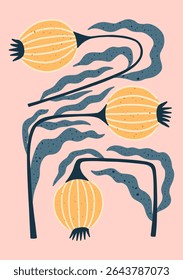 modern botanical print with hand drawn abstract yellow seed pods and wavy blue leaves on soft pink background for floral wall art and minimal decor