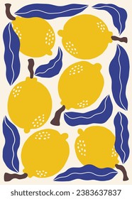 Impresión botánica moderna con limones. Ilustración vectorial colorida para afiches, papel pintado, fondo, postal. Impresión de moda para camisetas