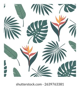 Modern Botanical Seamless Pattern, Colorful Tropical Flowers, Leaves in Flat Style for Home Decor and Stationery