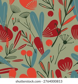 A modern botanical seamless pattern featuring hand-drawn red flowers, teal foliage, and delicate herbs on a muted sage green background. Vector.