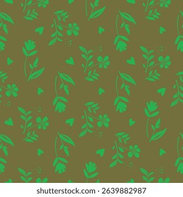 Modern botanical seamless pattern with green leaves and flowers on olive background. Features minimalist hearts and repeating foliage for eco-friendly textile, wallpaper, surface design. 