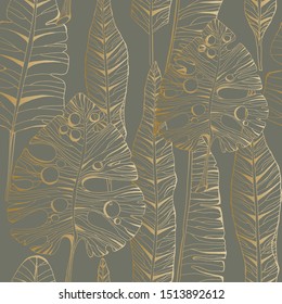 Modern botanical seamless pattern with palm leaves. Luxury gold background.