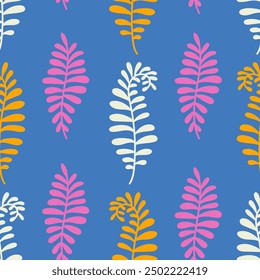 Modern Botanical Seamless Pattern with Palm Leaf. Trendy Botany Background with Vibrant Colorful Wavy Leaves. Repeat vector illustration