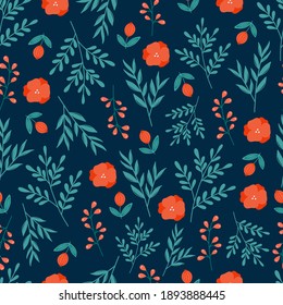 Modern botanical seamless pattern with red flowers,red beries and green leaves on dark blue background. 
