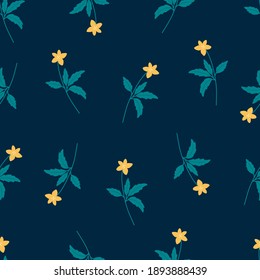 Modern botanical seamless pattern with yellow flowers on dark blue background.