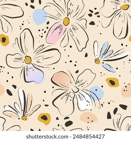 Modern botanical seamless summer floral pattern. Abstract flowers spots leopard skin. Hand drawing. Sketchy drawing of black outlines and pastel strokes. Beige sand background