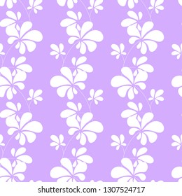 Modern botanical seamless vector pattern. Lupine leaves white shapes  sillhouettes in strips on light violet background.