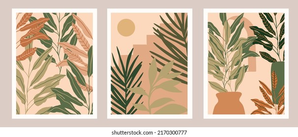 Modern Botanical Tropical Garden poster set. Feminine Floral Print. Abstract Tropical leaves background. Modern minimalist summer poster