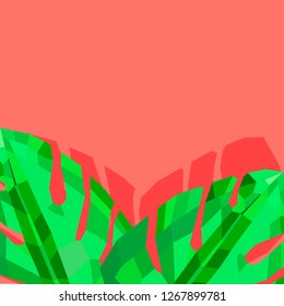 Modern botanical vector banner with two mostera leaves on coral color background.