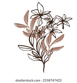 Modern botanical vector illustration featuring a minimalist bouquet of hand-drawn flowers and leaves outlined in mocha and brown, combining line art and silhouettes for a natural, organic aesthetic