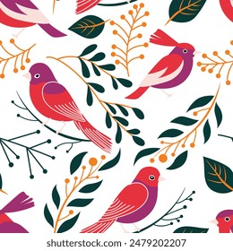 Modern botanical vector pattern design featuring birds and botanical elements on a transparent background, perfect for stylish and contemporary projects