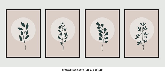 Conjunto de diseños de arte de pared botánico moderno de 4. Ilustraciones vectoriales. Plantas, Formas florales y abstractas para interiorismo. Decoración de la pared del hogar con ramas de plantas naturales, flores y Formas.