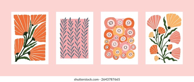 modern botanical wall art set with hand drawn abstract flowers, leaves and floral shapes in pink, orange and green tones for stylish home decor and digital prints