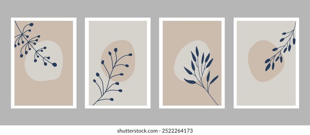 Conjunto de Ilustraciones vectoriales de arte de pared botánico moderno de 4. Plantas, Formas florales y abstractas para interiorismo. Decoración del arte de la pared del hogar con las ramas y las Formas. Diseños para impresión, portada y Fondo de pantalla.