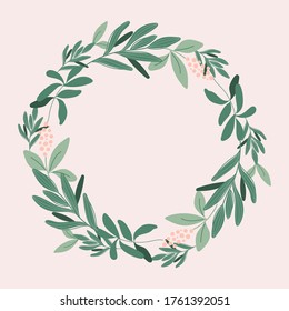 Modern botanical wreath design in green colors. Floral frame template for invitation and weadding cards.